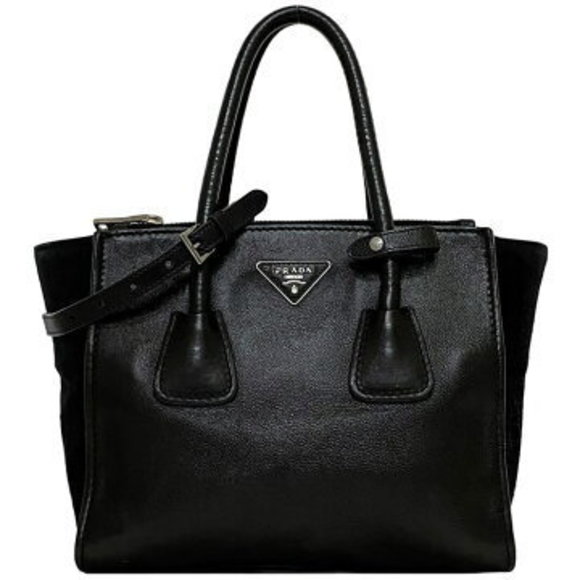 Prada Tote Bag Nero Black Leather suede triangle Shoulder Bag - Picture 1 of 9